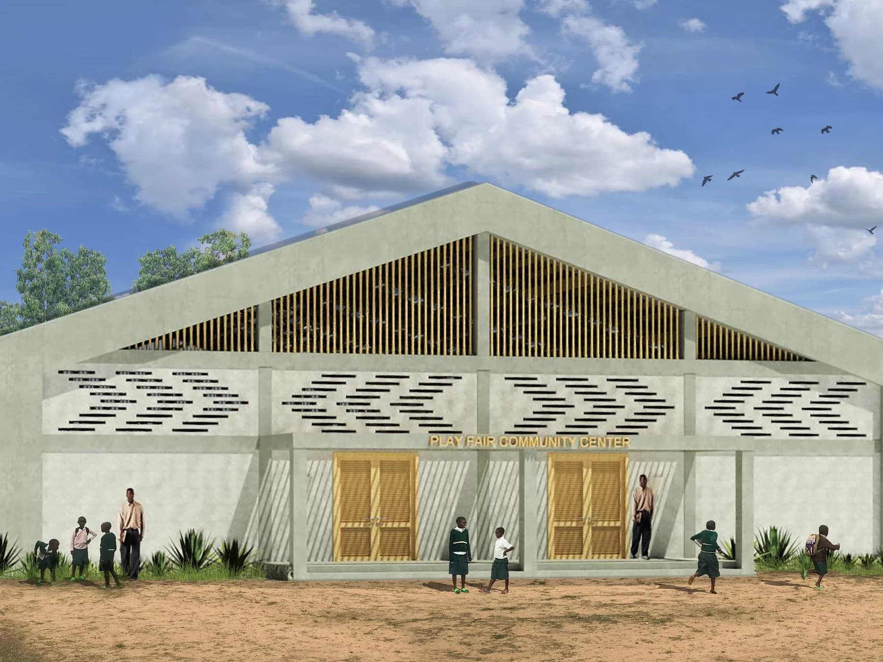 Architectural rendering of the proposed KPI Play Fair Community Center, with a broad ventilated roof, patterned masonry walls, and a welcoming entrance in Gatagara