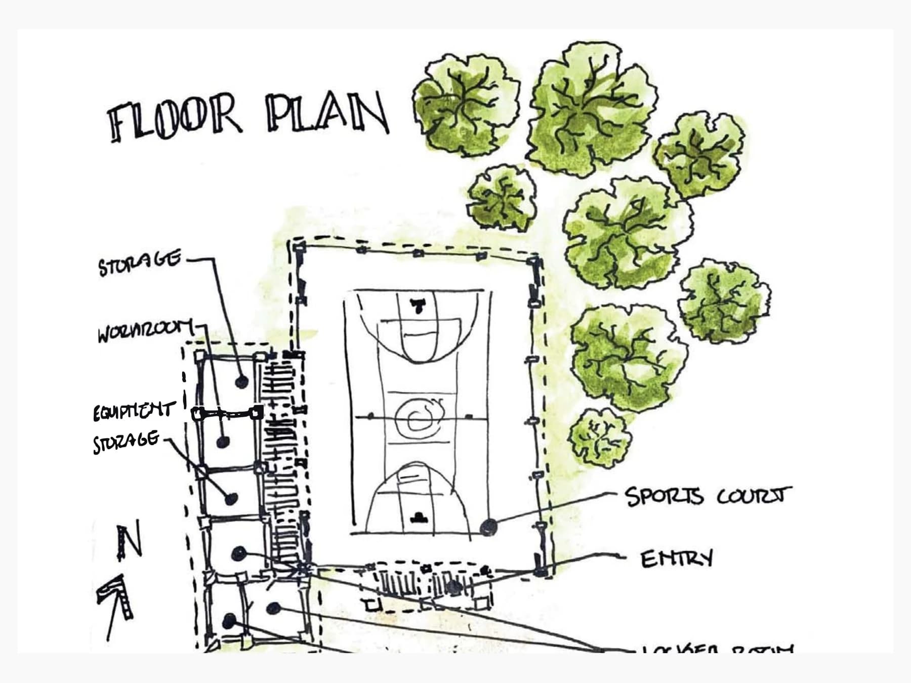 Hand-drawn floor plan organizing the sports court with storage, changing rooms, an office, and a sheltered entrance