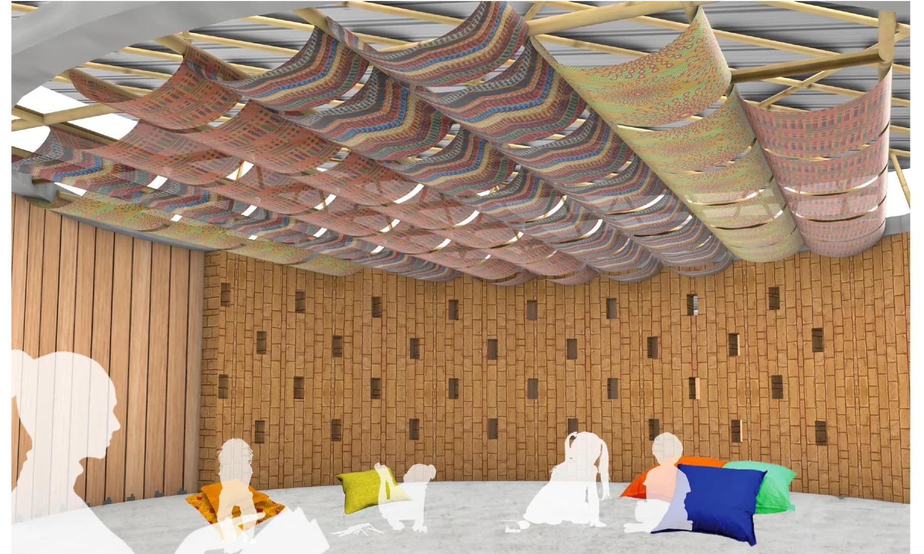 Student proposal for a classroom interior using perforated brick and woven fabric panels to filter light beneath the roof