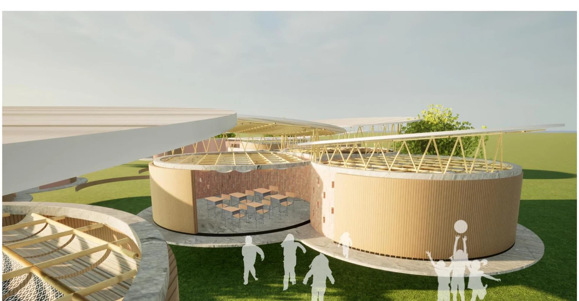 Student proposal rendering of a circular classroom opened toward shared outdoor learning space beneath a lightweight roof