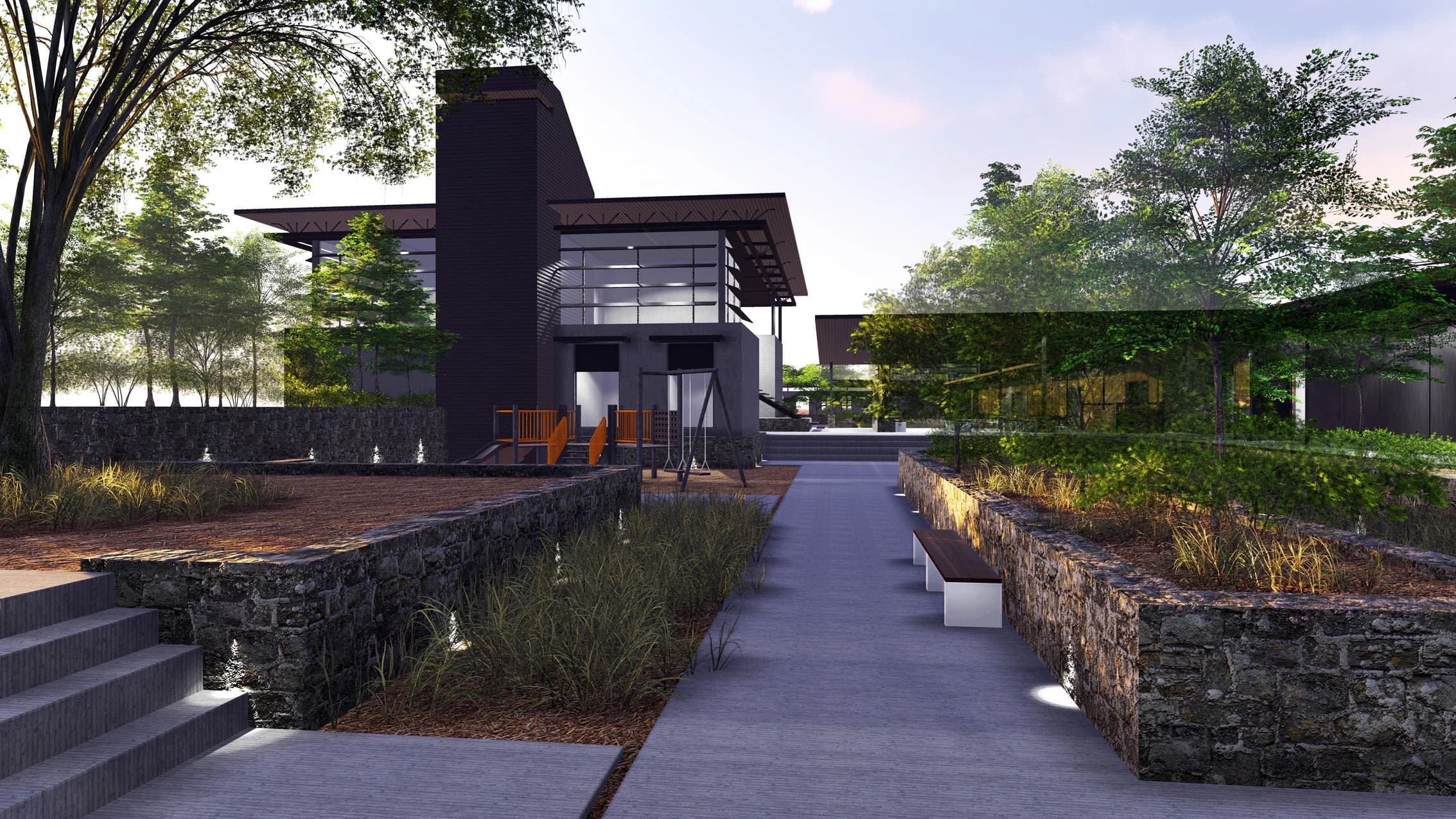 Architectural rendering of Maranatha Hospital's shaded main entrance, planted walkways, and local stone landscape walls in Bobo-Dioulasso