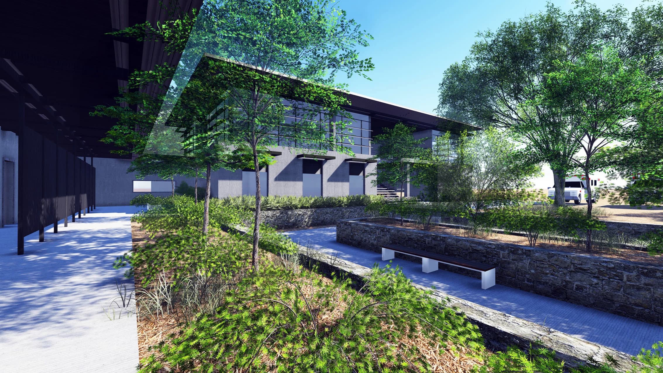 Architectural rendering of shaded patient rooms and courtyard seating within Maranatha Hospital's planted campus