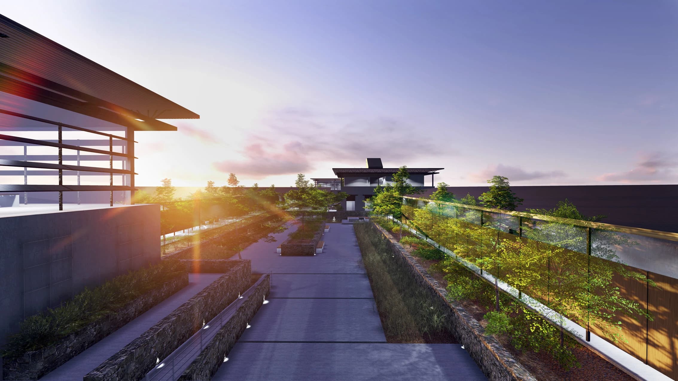 Sunset architectural rendering of Maranatha Hospital's elevated roof garden and shaded pedestrian walkway