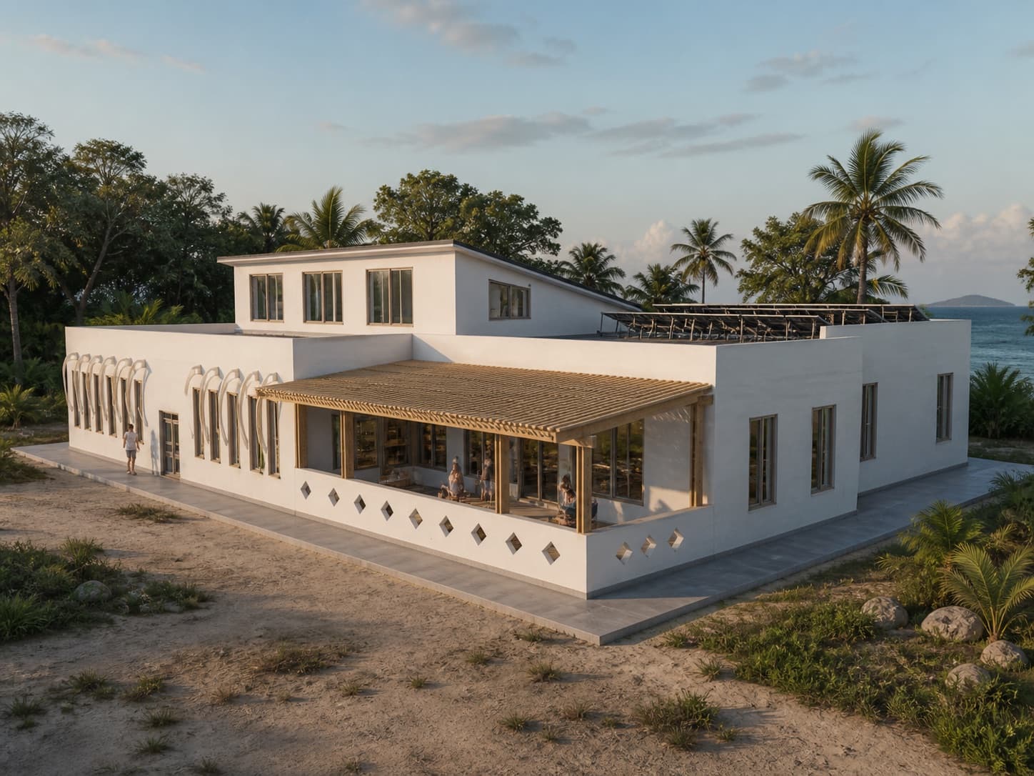 Conceptual architectural visualization of the proposed Marine Discovery Educational Center on Koh Mak, based on the project model and east elevation