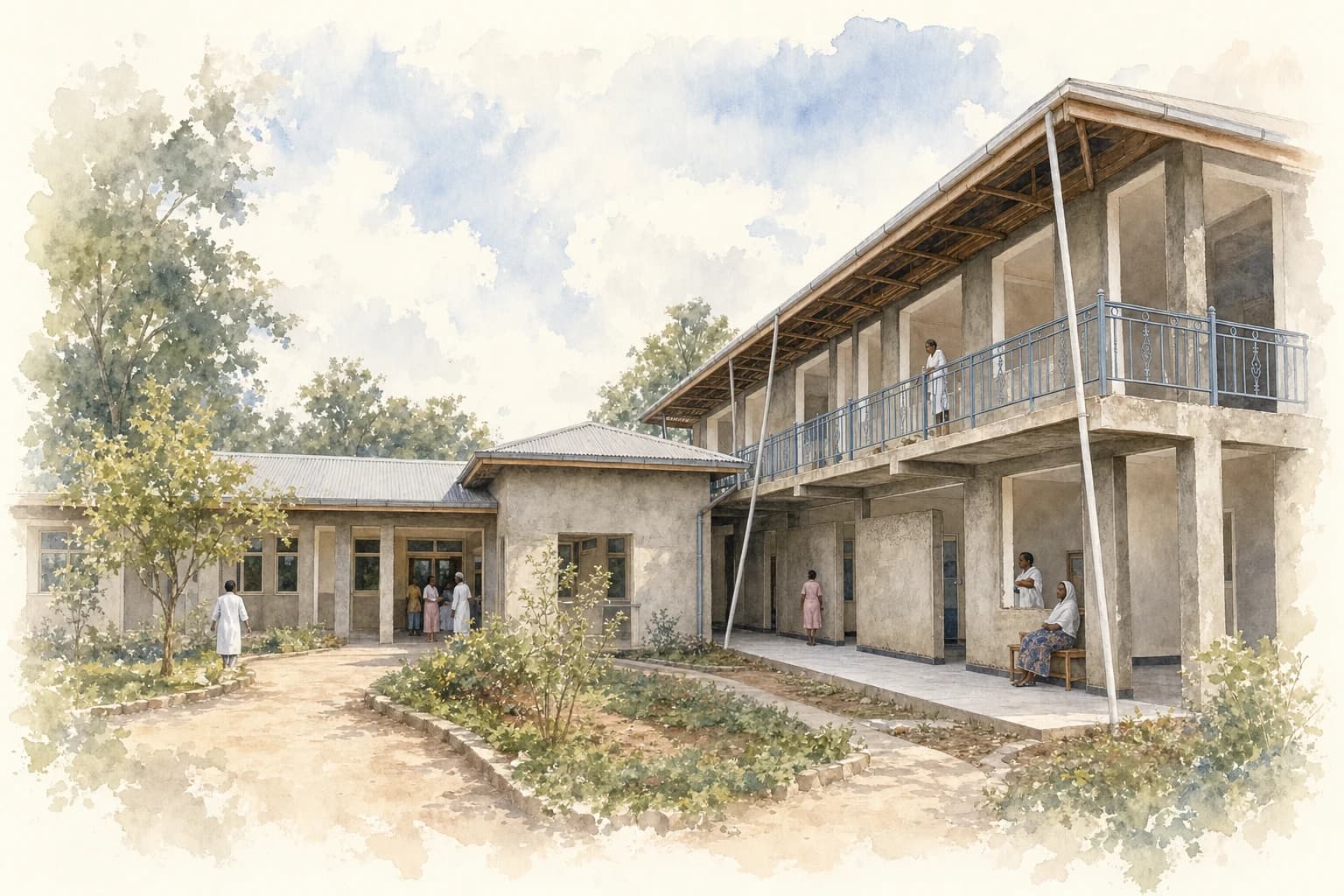 Watercolor visualization of the Bahir Dar Maternity Hospital courtyard and its covered two-story veranda