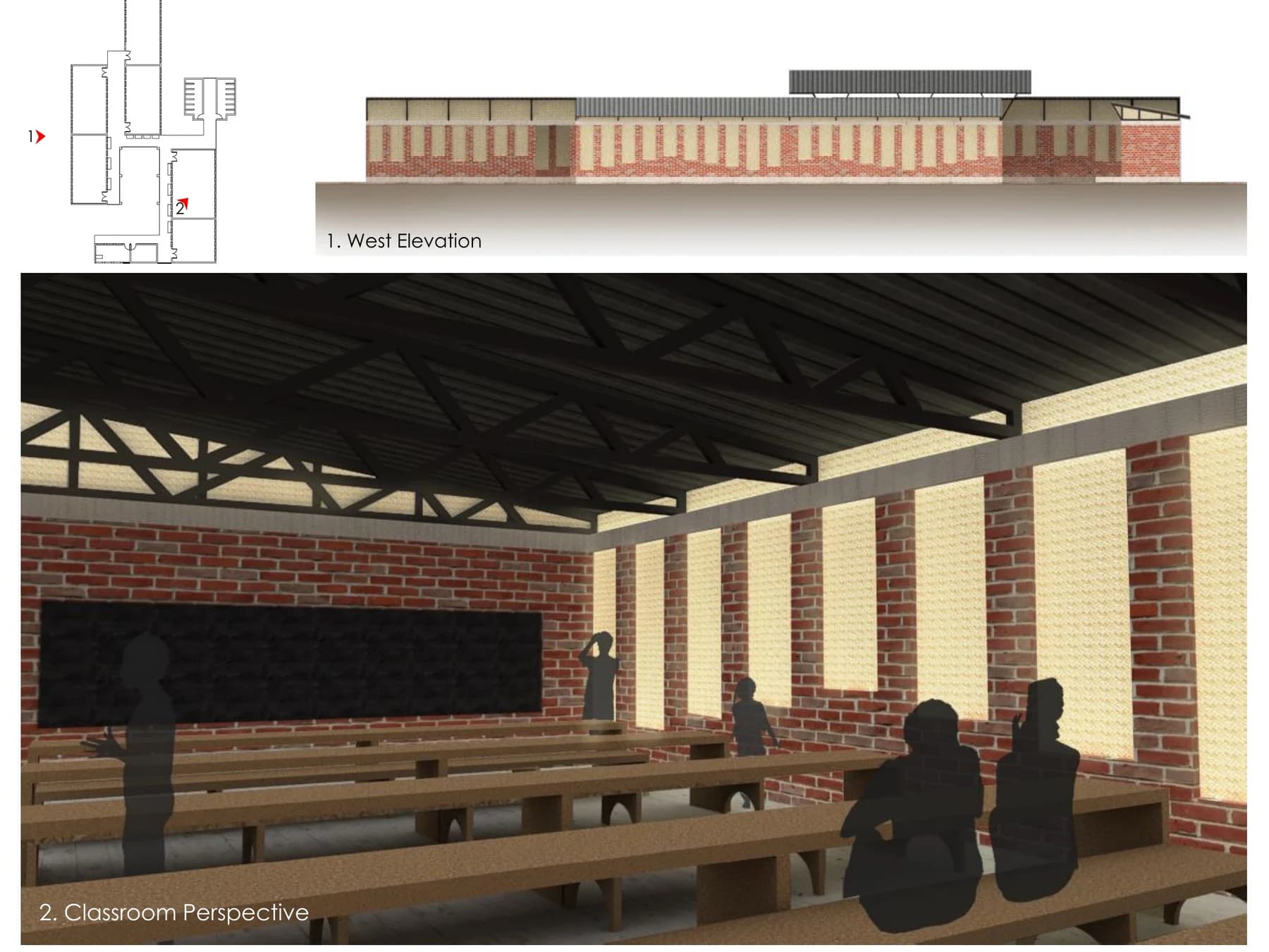 Interior rendering and west elevation of a proposed Mathinka classroom, with woven shade panels, high roof ventilation, and locally made brick walls