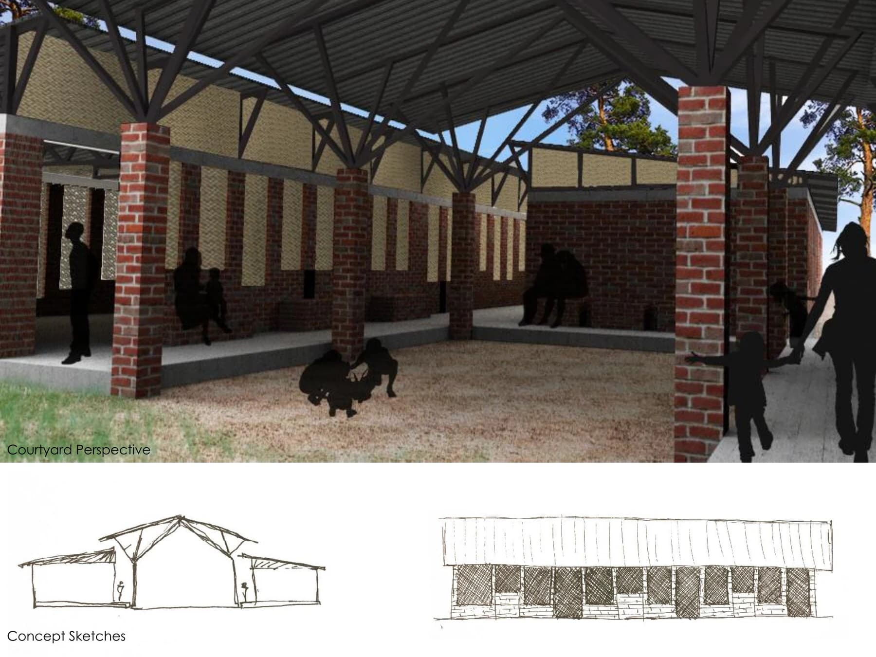 Architectural rendering of the proposed Mathinka school's covered assembly courtyard, formed by shaded brick classroom wings and an open steel roof