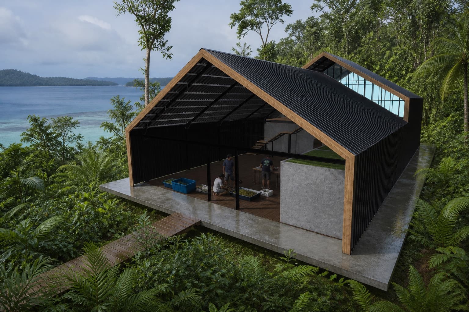 Conceptual architectural visualization of the proposed Papuan Coral Restoration and Training Center in Raja Ampat, based on the targeted design model