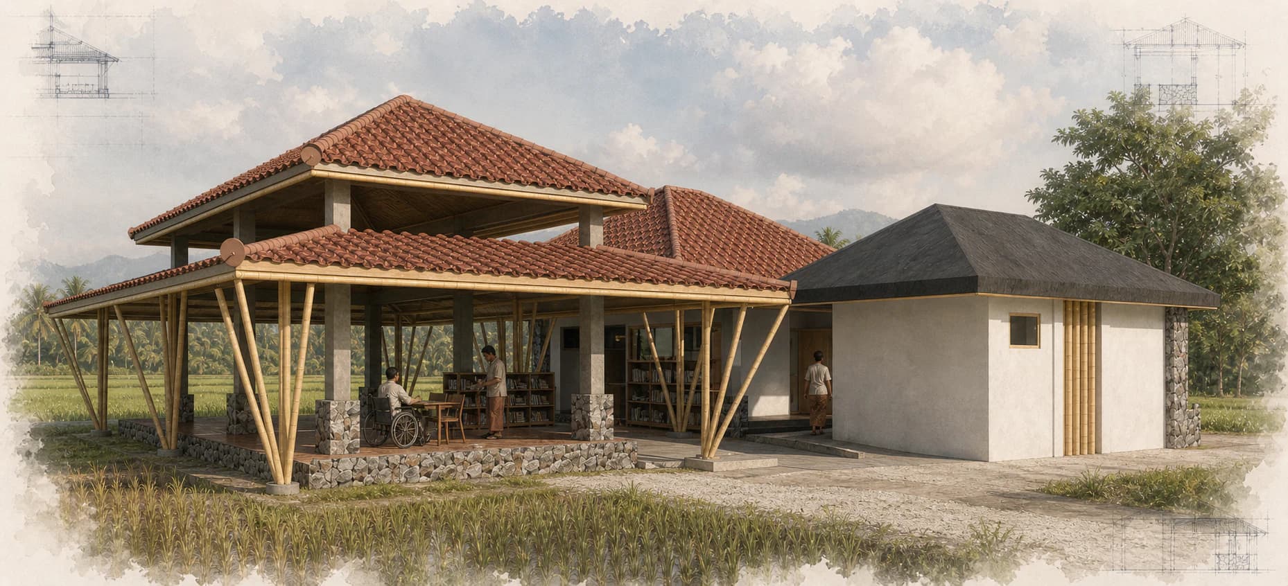 Architectural visualization of PUSPADI Library's open bale pavilion, bamboo structure, and step-free route beside the rice fields