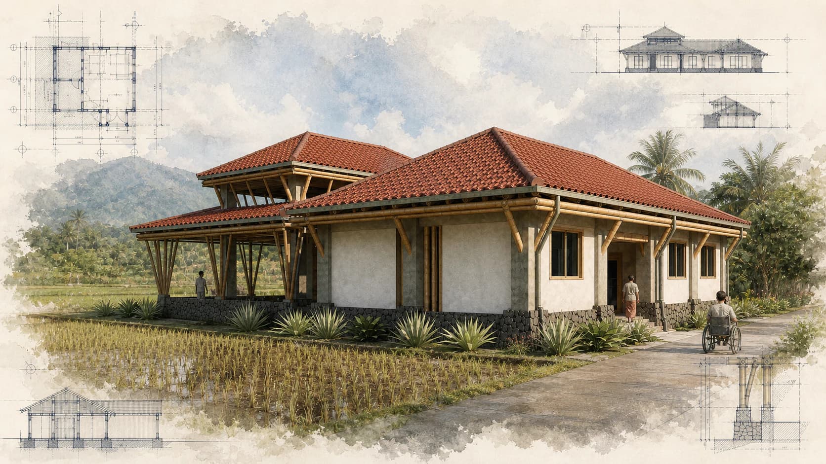 Sakti PUSPADI Library beside the rice fields in Bungaya, with terracotta roofs, bamboo verandas, an accessible path, and faint architectural drawings