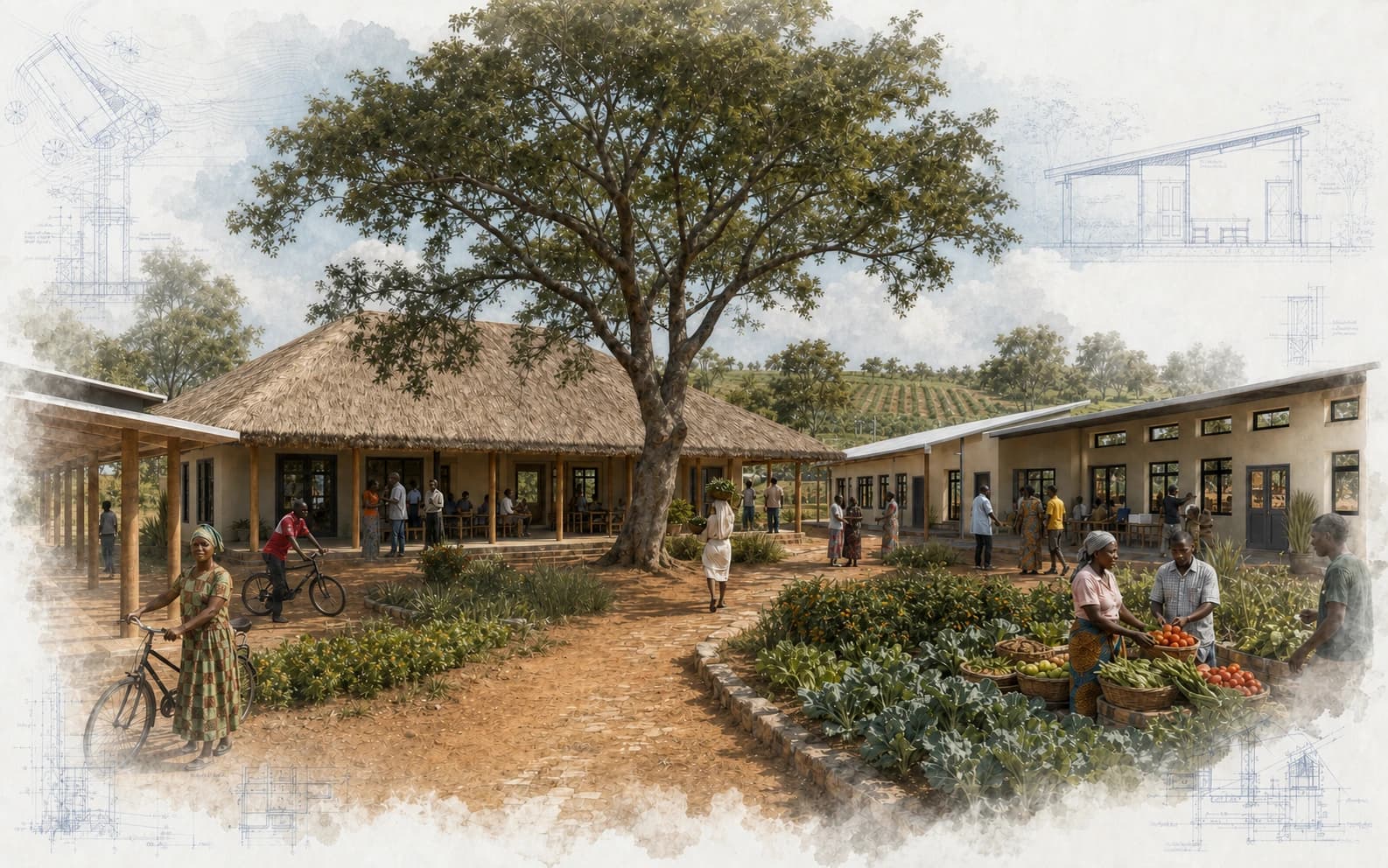 Architectural visualization of the Seeds of Hope campus in Ndola, with classrooms, gardens, and community activity gathered beneath a mature tree