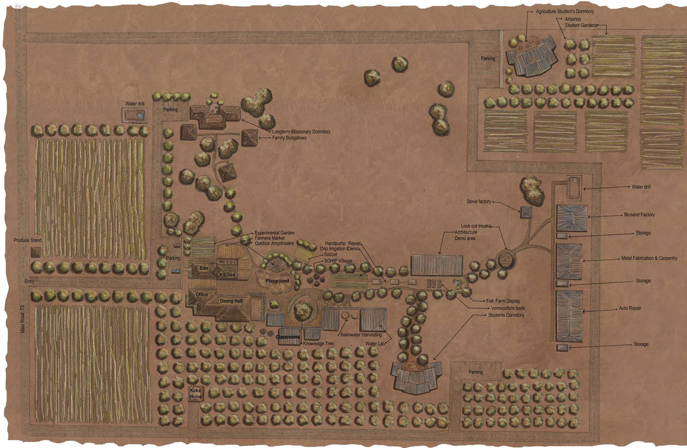 Illustrated Seeds of Hope campus plan linking classrooms, workshops, housing, water systems, and agricultural fields