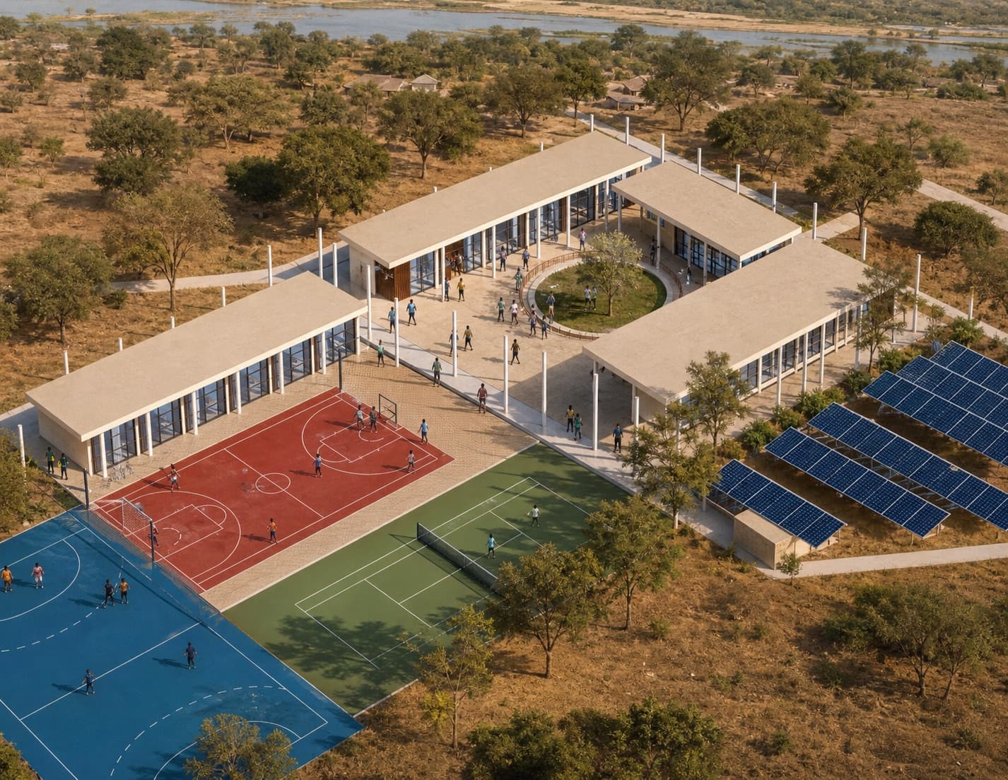 Conceptual architectural visualization of the proposed Sport Grounds 4 Future Tuabou campus, based on the July 2026 concept design