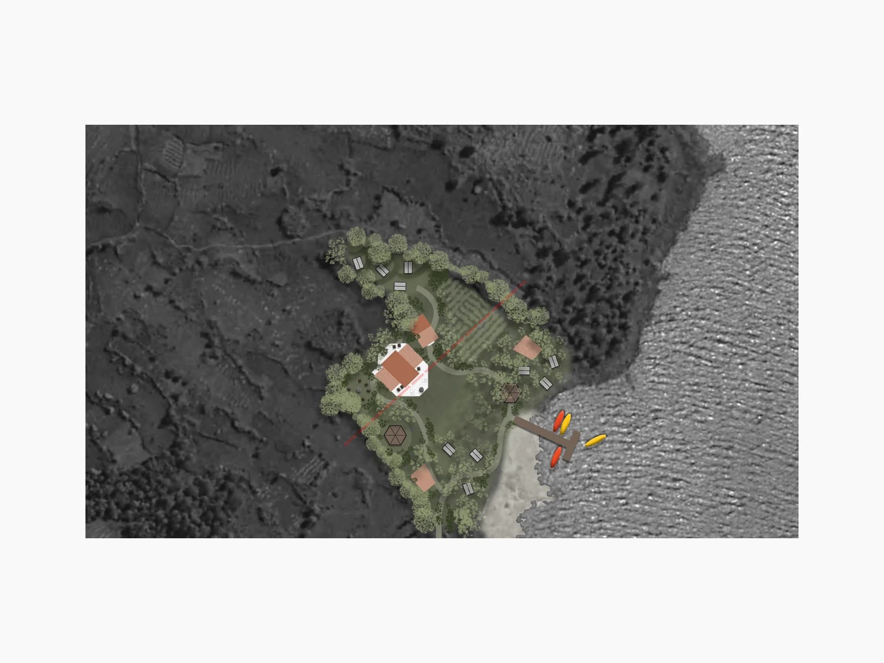 Site plan for the proposed Still Waters Lodge, arranging guest cabins, gardens, and shared spaces along the Lake Burera shoreline