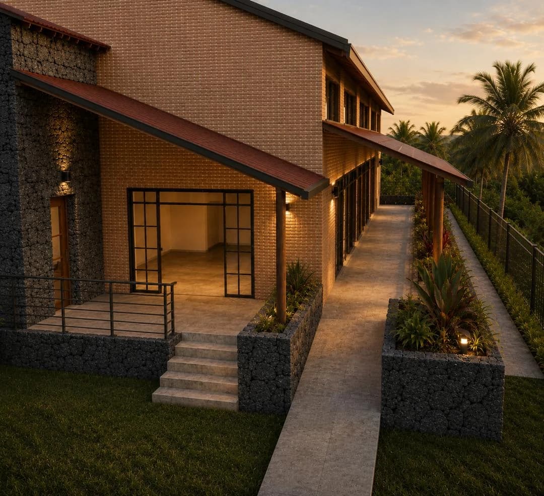 Rendering of the Sunzu Multipurpose Community Center's step-free ramp, sheltered circulation, and volcanic-stone landscape walls