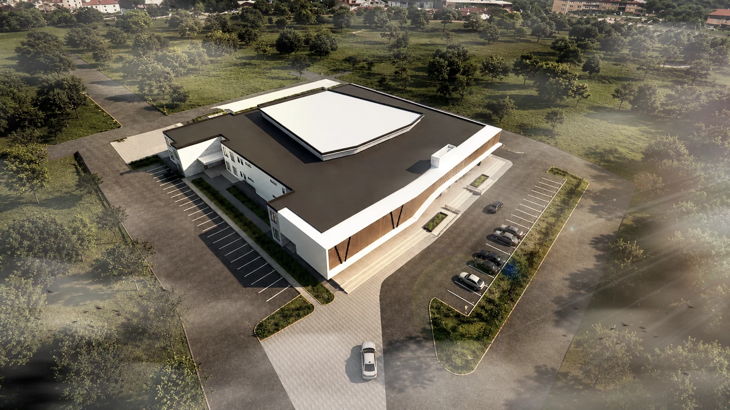 Aerial architectural rendering of Ubumwe Arena's proposed multipurpose campus in Bumbogo, Kigali