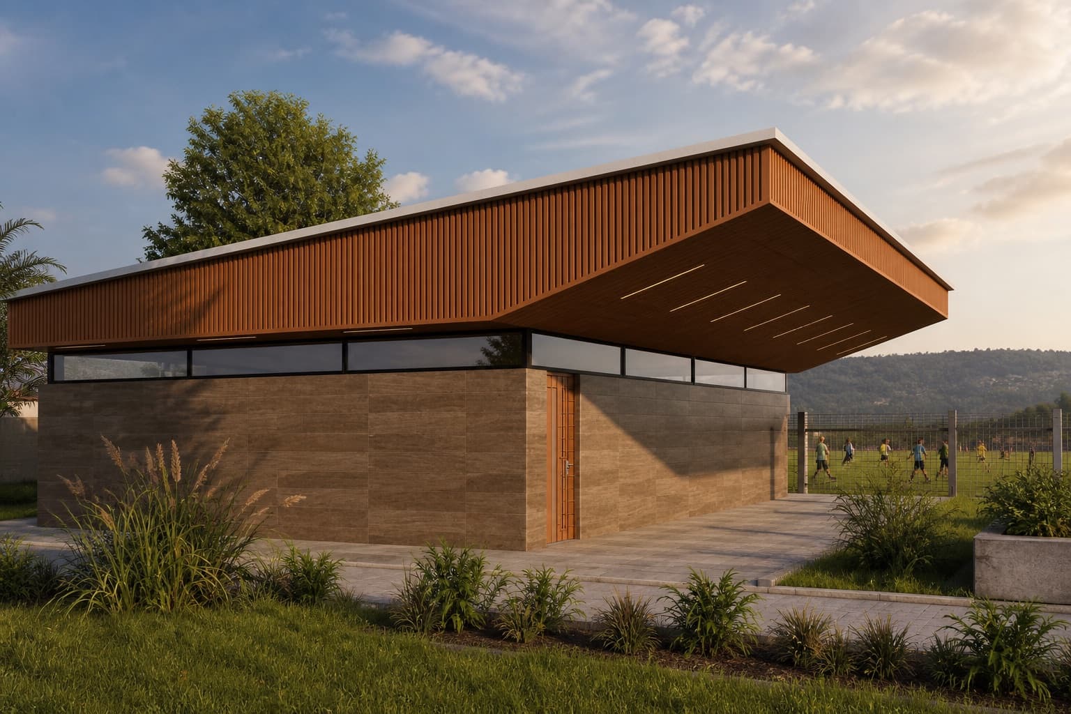 Conceptual architectural visualization of the proposed Umuri Opportunity Eco-Hub beside its football pitch in Kigali