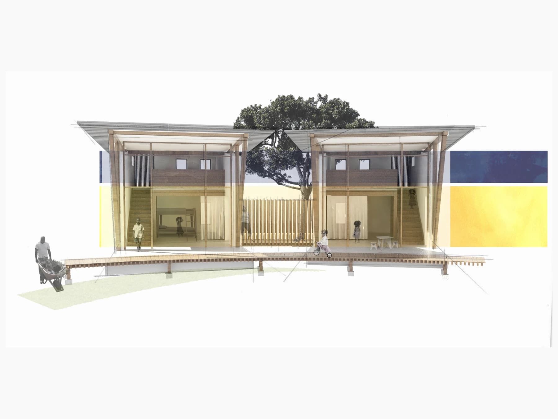 Sectional elevation of a proposed VIMA dormitory organized as two compact two-story wings beneath broad protective roofs