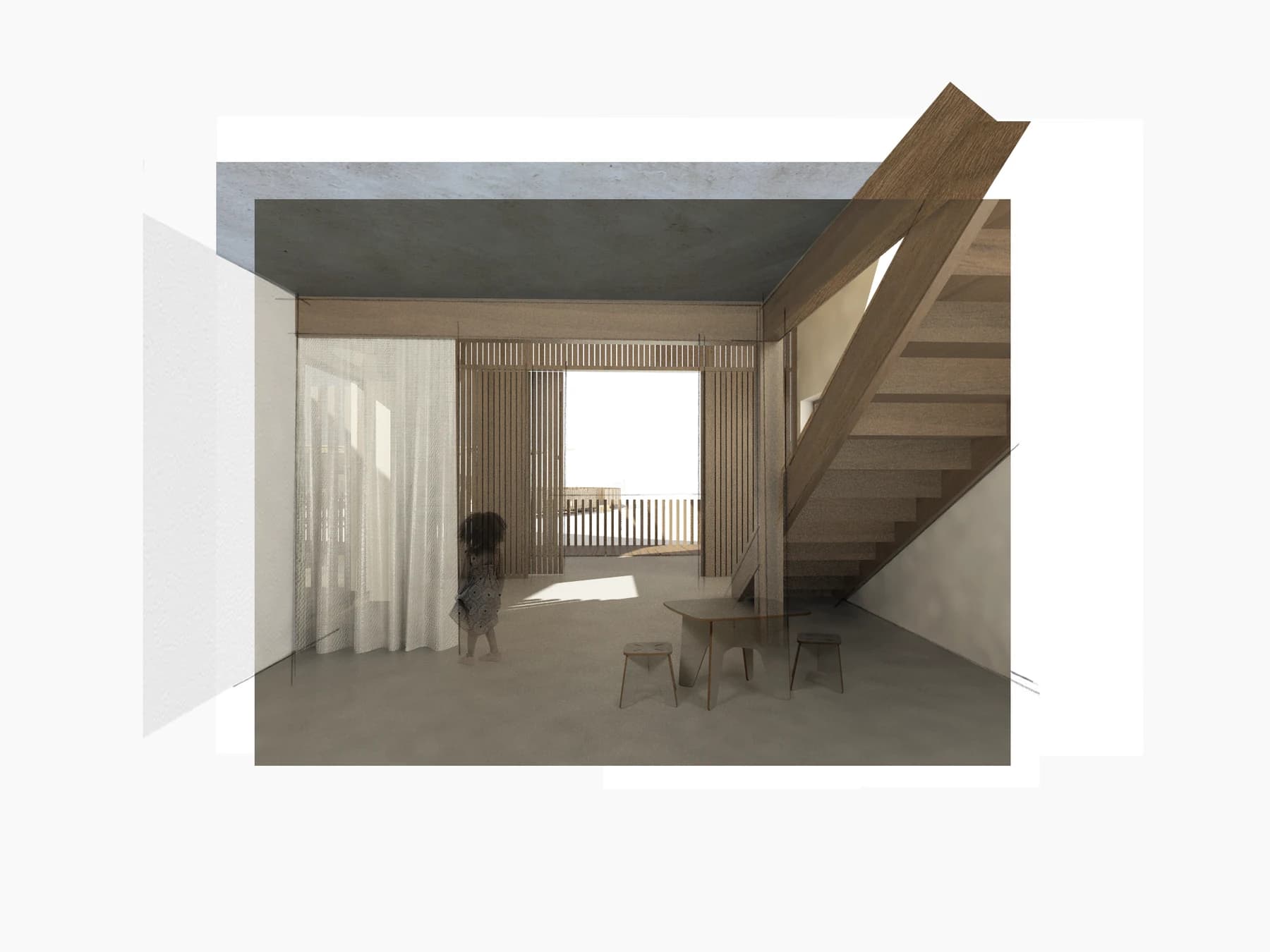 Interior rendering of a proposed VIMA living space, using timber screens, cross ventilation, and a compact stair to connect both levels
