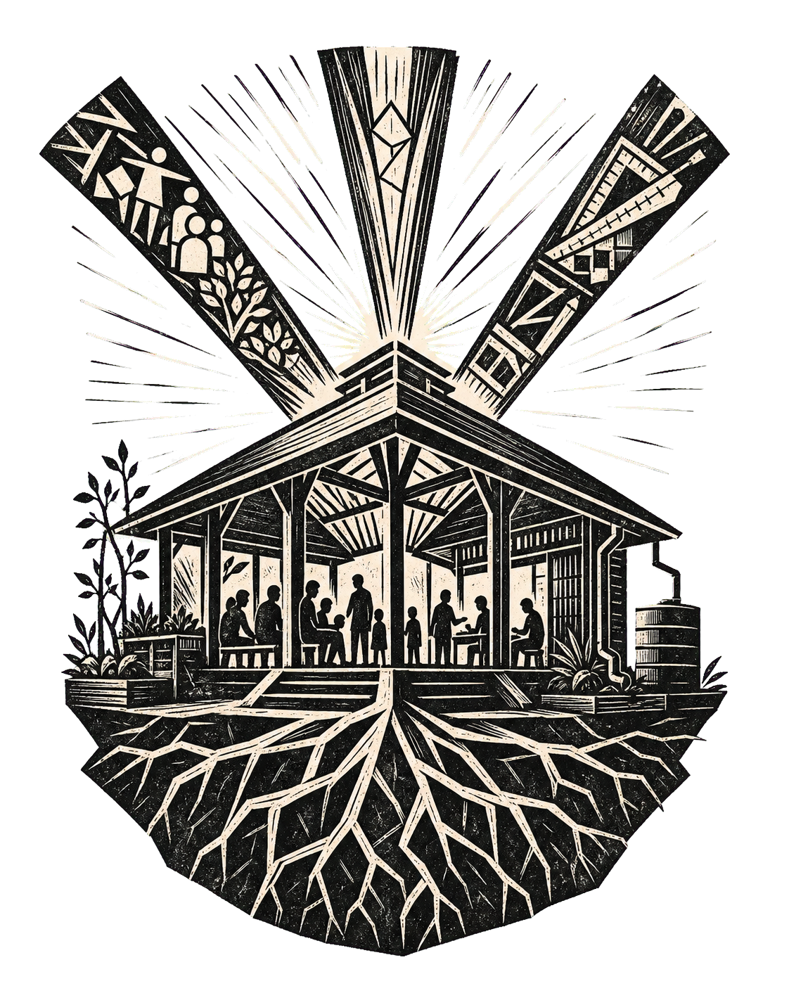 A community gathered inside a pavilion, with roots growing into the ground and beams connecting people, design, and place